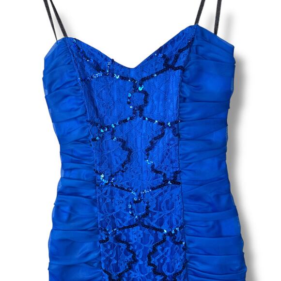 Vintage Roberta California Blue Sequin Lace Bow Bodycon Midi Dress Size 3/4 - Picture 2 of 7